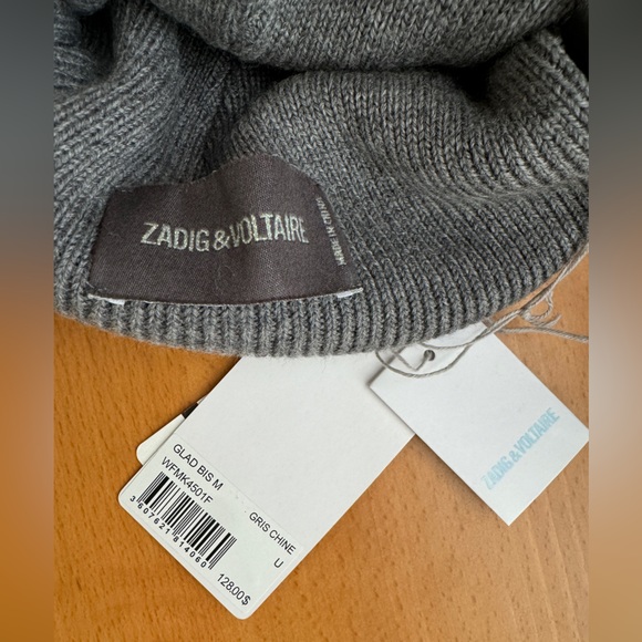 ZADIG & VOLTAIRE Extra Fine Marino Wool Beanie - grey, embroidered “Maybe” - Picture 2 of 3